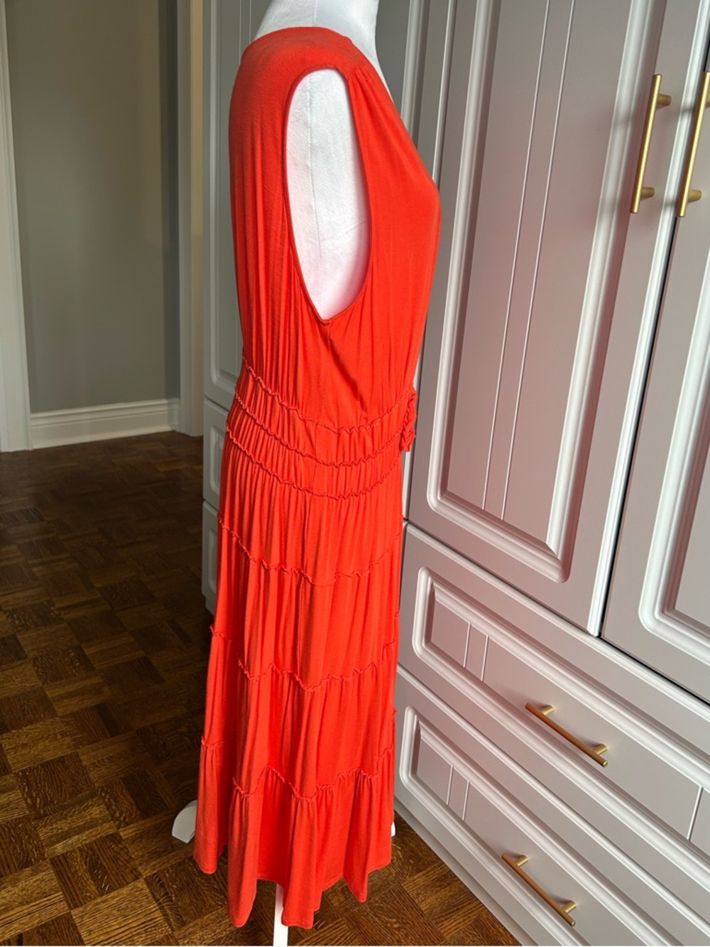 Addition Elle Bright Coral Sleeveless V-Neck Tiered Midi Dress - Picture 3 of 6